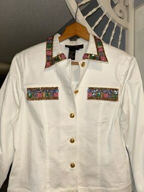 Christine Phillipe White Embellished Jean Jacket with Multicolor Trim Size 10